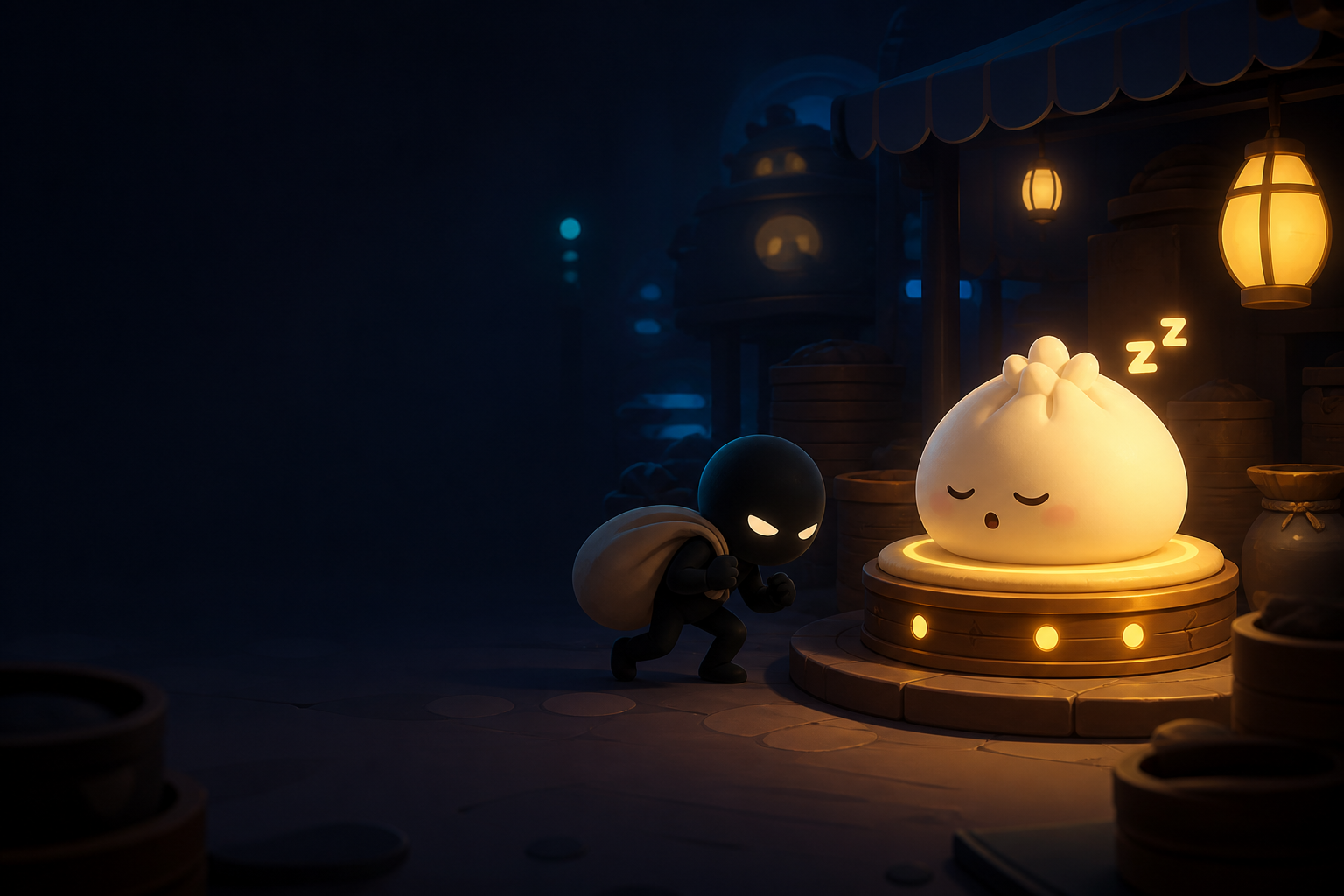 Original illustration of a sleeping dumpling and a careful thief